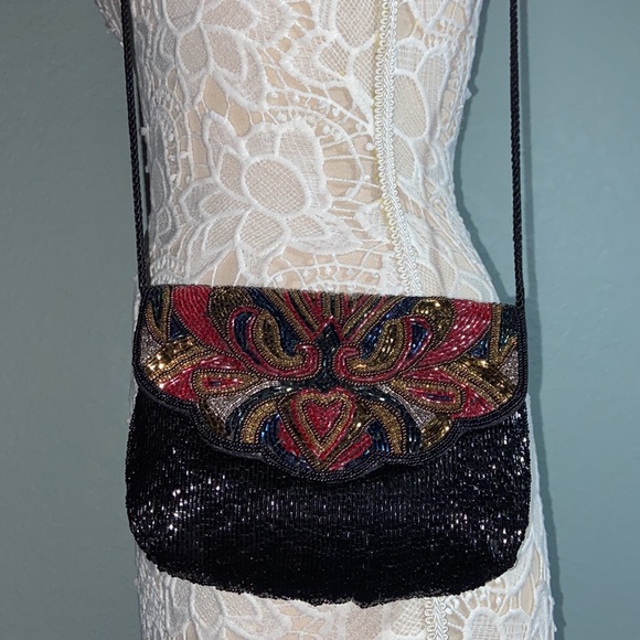 EUC Hand Beaded Clutch Purse Evening Bag Cocktail Black & red - Picture 4 of 12